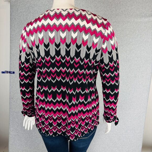 Susan Graver Womans Sz Large Blouse Black Long Tie Sleeve Stretch Abstract - Picture 9 of 11